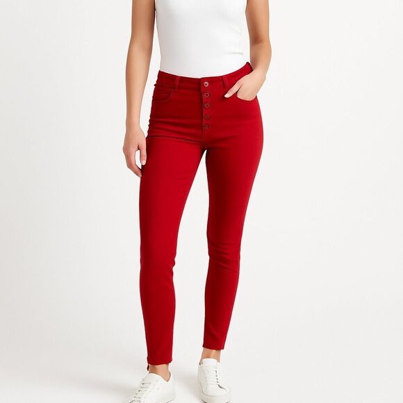 Free People Reagan Jeans Red Size 30 Button Fly Raw Hem High Rise Denim Pants - Picture 1 of 16